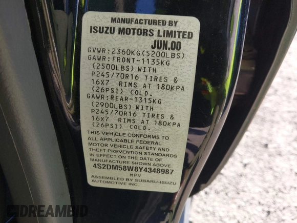 2000 Isuzu Rodeo z VIN 4S2DM58W8Y4348987, wystawiony jako IAAI lot #42024517 z przebiegiem 286 400 mil mil oraz . Historia ofert i sprzedaży dostępna na DreamBid. Obrazek 9.