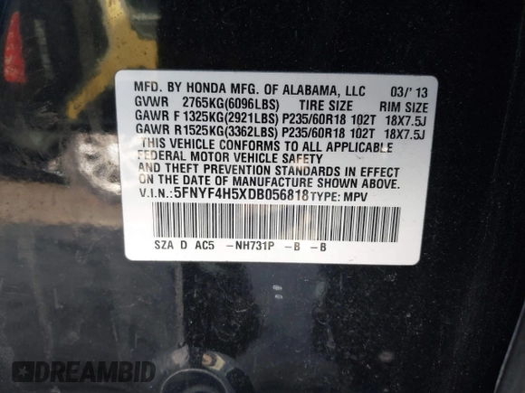 2013 Honda Pilot EX-L with VIN 5FNYF4H5XDB056818, listed as a IAAI auction lot 41485510 with 176,640 mi miles. Bid and sale history available at carsss.com. Image 9.