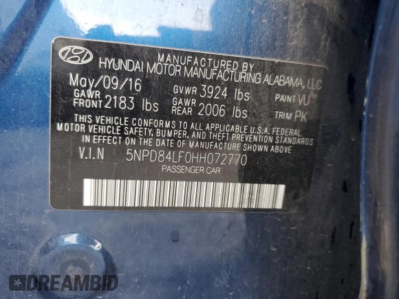 2017 Hyundai Elantra Limited z VIN 5NPD84LF0HH072770, wystawiony jako Copart lot #55665015 z przebiegiem 70 485 mil mil oraz Szkoda całkowita • Salvage title. Historia ofert i sprzedaży dostępna na DreamBid. Obrazek 13.
