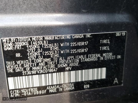 2019 Toyota RAV4 LE with VIN 2T3G1RFV2KC018647, listed as a Copart auction lot 48591045 with 43,887 mi miles and Salvage Title. Bid and sale history available at carsss.com. Image 13.