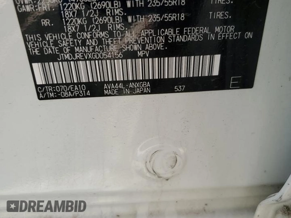 2016 Toyota RAV4 Limited z VIN JTMDJREVXGD054156, wystawiony jako Copart lot #56239415 z przebiegiem 127 849 mil mil oraz Szkoda całkowita • Salvage title. Historia ofert i sprzedaży dostępna na DreamBid. Obrazek 13.