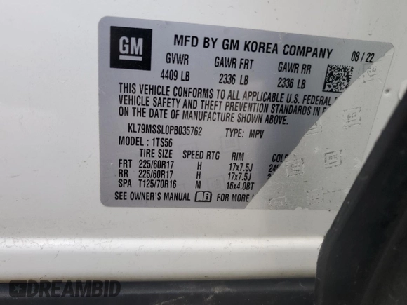 2023 Chevrolet TrailBlazer ACTIV with VIN KL79MSSL0PB035762, listed as a Copart auction lot 85432864 with 37,922 mi miles and Salvage Title. Bid and sale history available at DreamBid. Image 12.