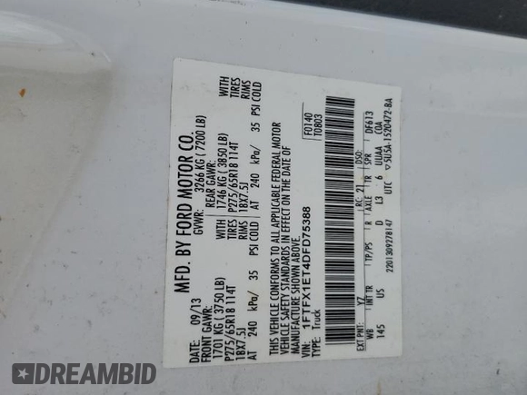 2013 Ford F-150 XL with VIN 1FTFX1ET4DFD75388, listed as a Copart auction lot 60326025 with 230,578 mi miles and Salvage title. Bid and sale history available at DreamBid. Image 12.