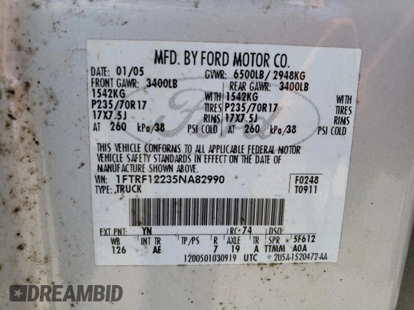 2005 Ford F-150 XL with VIN 1FTRF12235NA82990, listed as a Copart auction lot 50436745 with Not provided miles and Salvage title. Bid and sale history available at DreamBid. Image 14.