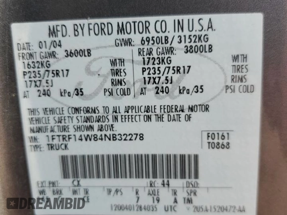 2004 Ford F-150 XL with VIN 1FTRF14W84NB32278, listed as a Copart auction lot 54551395 with 105,282 mi miles and Clean Title. Bid and sale history available at DreamBid. Image 12.