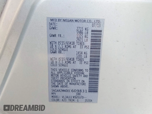2014 Nissan Pathfinder Platinum с VIN 5N1AR2MNDECU09831, выставлен на аукционе IAAI как лот 42515851 с пробегом 109 400 миль миль и . История ставок и продаж доступна на DreamBid. Изображение 9.
