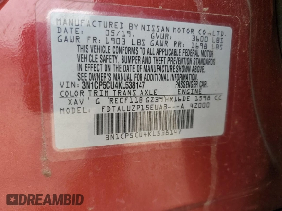 2019 Nissan Kicks SR z VIN 3N1CP5CU4KL538147, wystawiony jako Copart lot #57246385 z przebiegiem 161 391 mil mil oraz Szkoda całkowita • Salvage title. Historia ofert i sprzedaży dostępna na DreamBid. Obrazek 12.