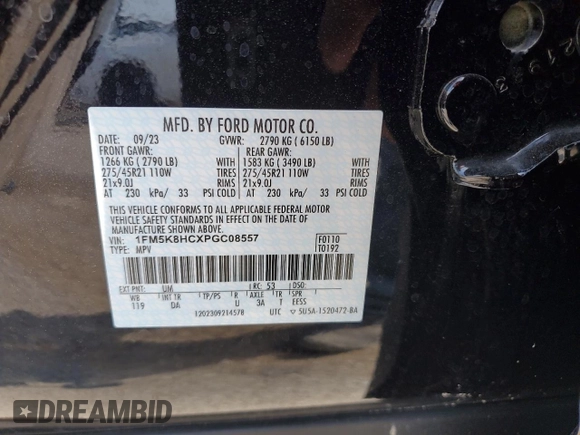 2023 Ford Explorer Platinum с VIN 1FM5K8HCXPGC08557, выставлен на аукционе Copart как лот 63674354 с пробегом 3 977 миль миль и Списание • Salvage title. История ставок и продаж доступна на DreamBid. Изображение 14.