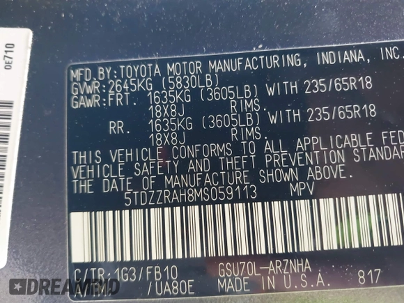 2021 Toyota Highlander L with VIN 5TDZZRAH8MS059113, listed as a IAAI auction lot 41590682 with 60,150 mi miles and . Bid and sale history available at DreamBid. Image 9.