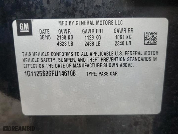 2015 Chevrolet Impala LT with VIN 1G1125S36FU146108, listed as a Copart auction lot 46530675 with 214,659 mi miles and Salvage Title. Bid and sale history available at carsss.com. Image 12.