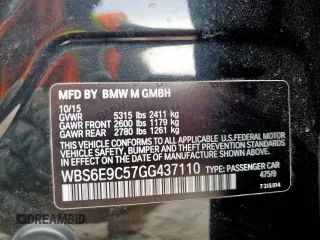 2016 BMW M6 with VIN WBS6E9C57GG437110, listed as a Copart auction lot 65406605 with 95,066 mi miles and Clean title. Bid and sale history available at DreamBid. Image 12.