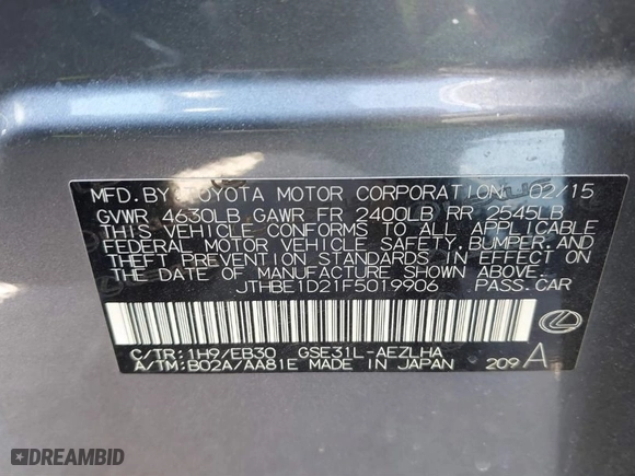 2015 Lexus IS 350 with VIN JTHBE1D21F5019906, listed as a IAAI auction lot 41484147 with 84,249 mi miles. Bid and sale history available at carsss.com. Image 9.
