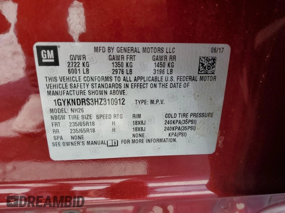 2017 Cadillac XT5 Luxury AWD with VIN 1GYKNDRS3HZ310912, listed as a Copart auction lot 50289855 with 59,464 mi miles and Salvage Title. Bid and sale history available at carsss.com. Image 15.