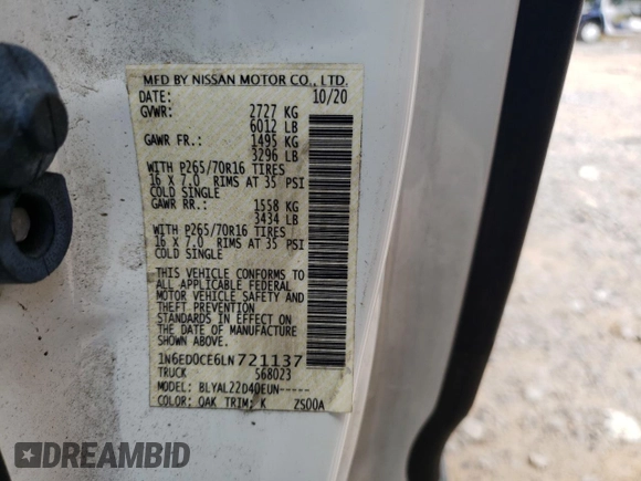 2020 Nissan Frontier S with VIN 1N6ED0CE6LN721137, listed as a Copart auction lot 44989055 with Not provided miles and Salvage title. Bid and sale history available at DreamBid. Image 12.