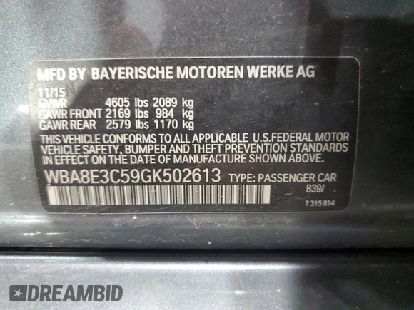 2016 BMW 3 Series 328i xDrive with VIN WBA8E3C59GK502613, listed as a Copart auction lot 63661805 with 127,559 mi miles and Salvage title. Bid and sale history available at DreamBid. Image 12.