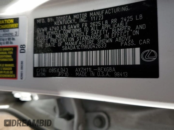 2024 Lexus ES 300h с VIN 58ADA1C11RU042633, выставлен на аукционе Copart как лот 53090625 с пробегом Не указан миль и Списание • Salvage title. История ставок и продаж доступна на DreamBid. Изображение 12.