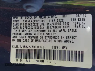 2013 Honda CR-V LX with VIN 5J6RM3H35DL041301, listed as a IAAI auction lot 41644481 with 75,439 mi miles. Bid and sale history available at carsss.com. Image 9.