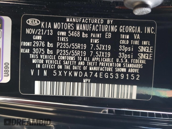 2014 Kia Sorento SX with VIN 5XYKWDA74EG539152, listed as a Copart auction lot 48108395 with 97,299 mi miles and Clean Title. Bid and sale history available at DreamBid. Image 13.