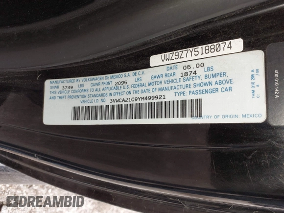 2000 Volkswagen Beetle GLS with VIN 3VWCA21C9YM499921, listed as a IAAI auction lot 42161756 with 74,194 mi miles and . Bid and sale history available at DreamBid. Image 9.