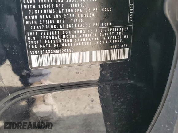 2022 Volkswagen Tiguan S с VIN 3VV1B7AX3NM020655, выставлен на аукционе Copart как лот 85063584 с пробегом 92 714 миль миль и Списание • Salvage title. История ставок и продаж доступна на DreamBid. Изображение 15.