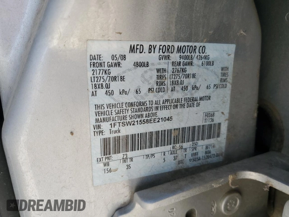 2008 Ford F-250 XL with VIN 1FTSW21558EE21045, listed as a Copart auction lot 61842805 with Not provided miles and Salvage title. Bid and sale history available at DreamBid. Image 12.