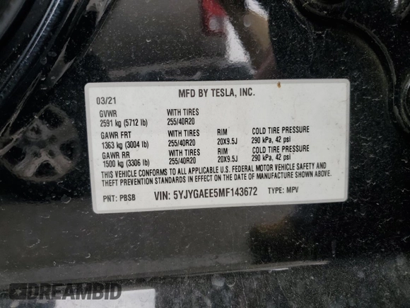 2021 Tesla Model Y Long Range z VIN 5YJYGAEE5MF143672, wystawiony jako Copart lot #55962875 z przebiegiem 74 644 mil mil oraz Szkoda całkowita • Salvage title. Historia ofert i sprzedaży dostępna na DreamBid. Obrazek 14.