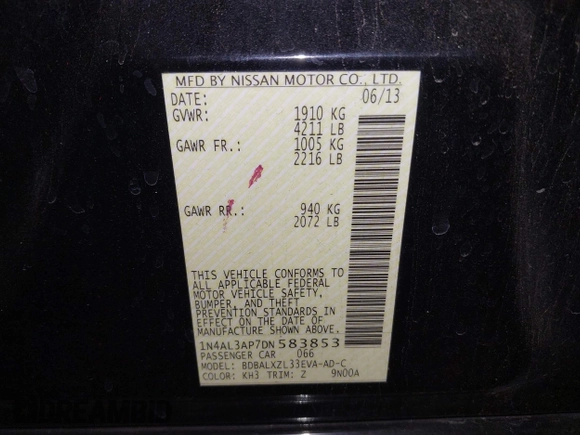 2013 Nissan Altima SV with VIN 1N4AL3AP7DN583853, listed as a IAAI auction lot 42662248 with 170,756 mi miles and . Bid and sale history available at DreamBid. Image 9.