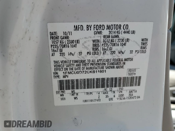 2012 Ford Escape XLT with VIN 1FMCU0D72CKB11601, listed as a Copart auction lot 56202855 with 78,912 mi miles and Salvage title. Bid and sale history available at DreamBid. Image 13.