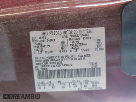 2003 Ford F-150 XL with VIN 1FTRX17WX3NA43805, listed as a Copart auction lot 44039095 with 170,874 mi miles and Salvage Title. Bid and sale history available at carsss.com. Image 13.