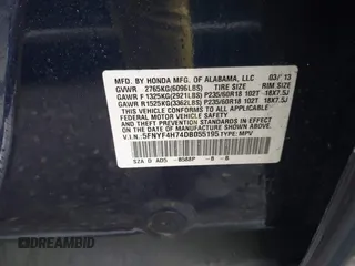 2013 Honda Pilot EX-L with VIN 5FNYF4H74DB055195, listed as a IAAI auction lot 41498013 with 127,725 mi miles and . Bid and sale history available at DreamBid. Image 9.