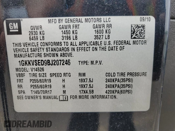 2011 GMC Acadia SLT2 with VIN 1GKKVSED9BJ207246, listed as a Copart auction lot 52049695 with 194,434 mi miles and Clean Title. Bid and sale history available at carsss.com. Image 13.