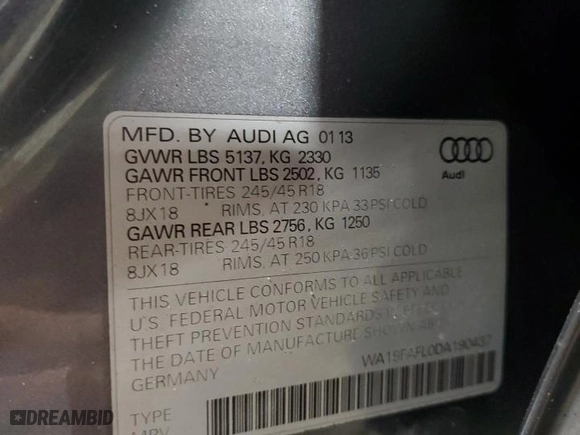 2013 Audi allroad Premium with VIN WA19FAFL0DA190437, listed as a Copart auction lot 84167374 with 299,482 mi miles and Salvage Title. Bid and sale history available at carsss.com. Image 14.