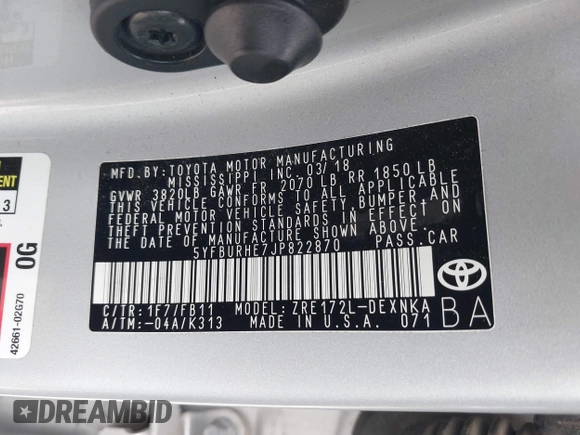 2018 Toyota Corolla L z VIN 5YFBURHE7JP822870, wystawiony jako IAAI lot #42318344 z przebiegiem 118 519 mil mil oraz . Historia ofert i sprzedaży dostępna na DreamBid. Obrazek 9.