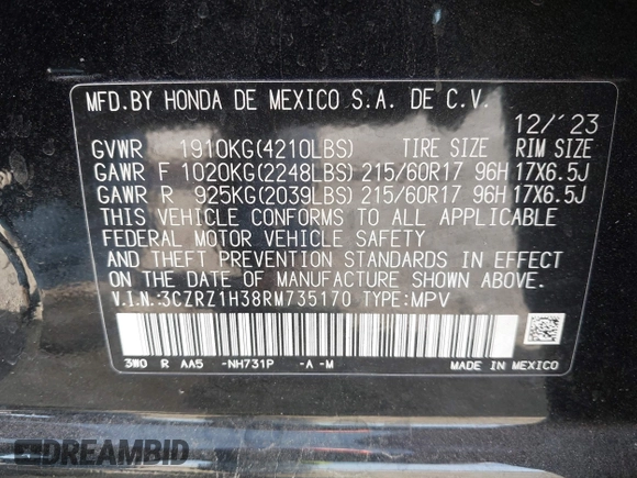2024 Honda HR-V LX with VIN 3CZRZ1H38RM735170, listed as a IAAI auction lot 41735728 with 16,438 mi miles. Bid and sale history available at carsss.com. Image 9.
