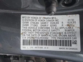 2020 Honda Civic LX with VIN 2HGFC2F63LH530442, listed as a IAAI auction lot 42071650 with 38,520 mi miles and . Bid and sale history available at DreamBid. Image 9.