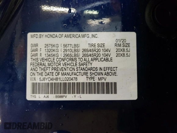 2020 Acura MDX w/Advance Pkg with VIN 5J8YD4H81LL020478, listed as a Copart auction lot 47050675 with 78,669 mi miles and Salvage Title. Bid and sale history available at carsss.com. Image 13.