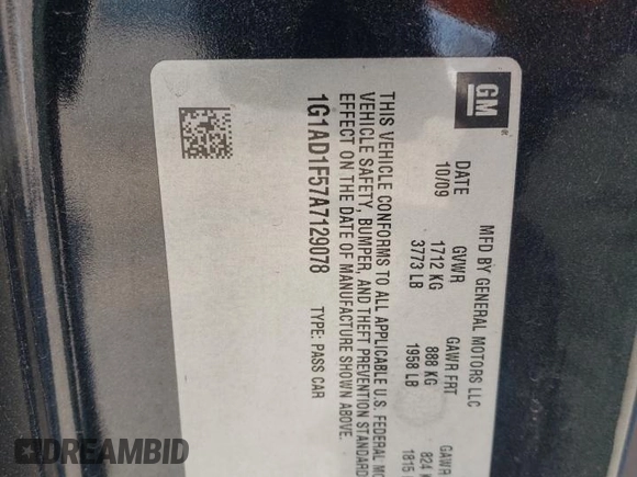 2010 Chevrolet Cobalt 1LT with VIN 1G1AD1F57A7129078, listed as a Copart auction lot 50344685 with 172,501 mi miles and Salvage Title. Bid and sale history available at DreamBid. Image 15.