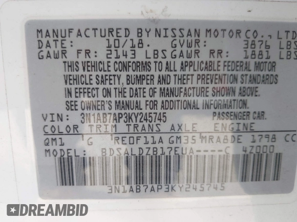 2019 Nissan Sentra S with VIN 3N1AB7AP3KY245745, listed as a IAAI auction lot 42061104 with 78,855 mi miles and . Bid and sale history available at DreamBid. Image 9.