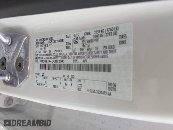 2016 Ford Escape Titanium with VIN 1FMCU9JX4GUB72080, listed as a IAAI auction lot 42519240 with 121,793 mi miles and . Bid and sale history available at DreamBid. Image 9.