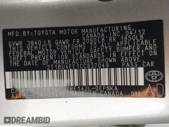 2012 Toyota Corolla L with VIN 2T1BU4EE1CC837049, listed as a IAAI auction lot 41990128 with 157,834 mi miles and . Bid and sale history available at DreamBid. Image 9.