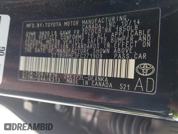 2015 Toyota Corolla L z VIN 2T1BURHE3FC271909, wystawiony jako IAAI lot #41898712 z przebiegiem 142 987 mil mil oraz . Historia ofert i sprzedaży dostępna na DreamBid. Obrazek 9.