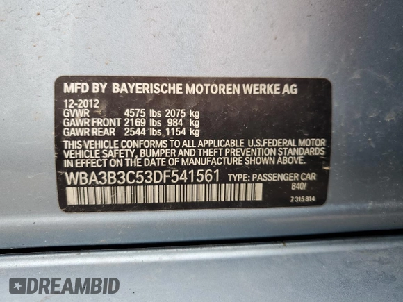 2013 BMW 3 Series 328i xDrive z VIN WBA3B3C53DF541561, wystawiony jako Copart lot #56540965 z przebiegiem 124 840 mil mil oraz Szkoda całkowita • Salvage title. Historia ofert i sprzedaży dostępna na DreamBid. Obrazek 12.