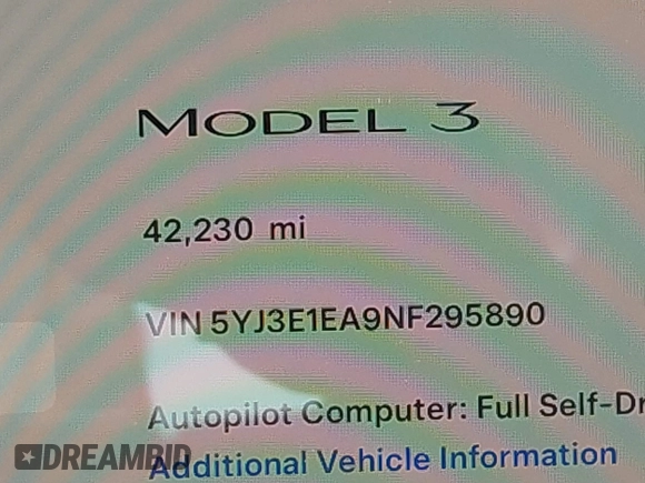 2022 Tesla Model 3 with VIN 5YJ3E1EA9NF295890, listed as a IAAI auction lot 41175917 with 42,230 mi miles and . Bid and sale history available at DreamBid. Image 16.