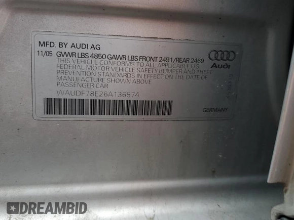 2006 Audi A4 2.0T with VIN WAUDF78E26A136574, listed as a Copart auction lot 49908375 with 179,811 mi miles and Salvage Title. Bid and sale history available at carsss.com. Image 12.
