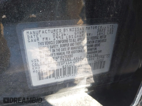 2016 Nissan Sentra SV with VIN 3N1AB7AP1GY253060, listed as a IAAI auction lot 41310598 with 75,494 mi miles and . Bid and sale history available at DreamBid. Image 9.