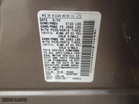 2010 Nissan Murano S with VIN JN8AZ1MUXAW000202, listed as a Copart auction lot 47123175 with 50,469 mi miles and Salvage Title. Bid and sale history available at carsss.com. Image 14.