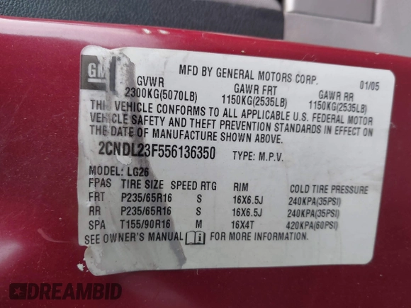 2005 Chevrolet Equinox LS with VIN 2CNDL23F556136350, listed as a IAAI auction lot 41875184 with 88,560 mi miles. Bid and sale history available at carsss.com. Image 9.