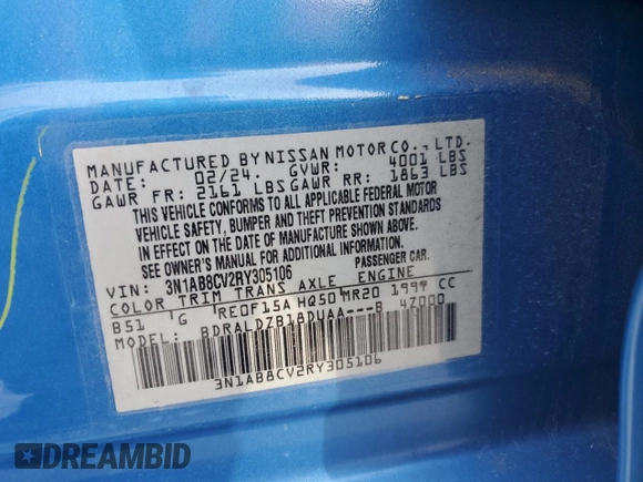 2024 Nissan Sentra SV z VIN 3N1AB8CV2RY305106, wystawiony jako Copart lot #54432635 z przebiegiem 21 709 mil mil oraz Szkoda całkowita • Salvage title. Historia ofert i sprzedaży dostępna na DreamBid. Obrazek 13.