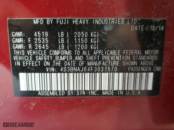 2015 Subaru Legacy 2.5i Limited with VIN 4S3BNAJ64F3031570, listed as a Copart auction lot 50527715 with 86,946 mi miles and Salvage Title. Bid and sale history available at carsss.com. Image 12.