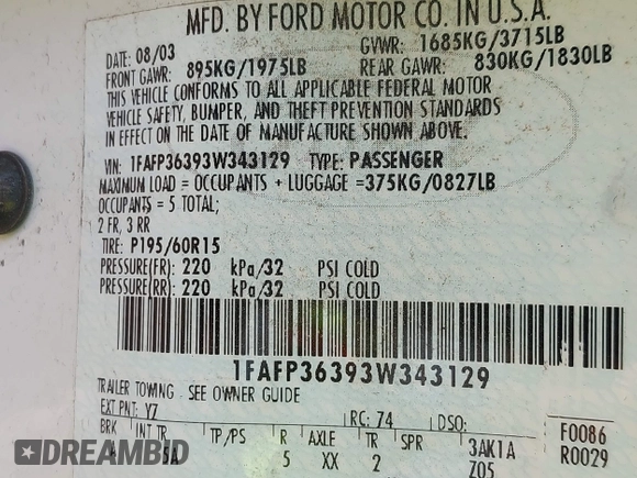 2003 Ford Focus SE Fleet z VIN 1FAFP36393W343129, wystawiony jako IAAI lot #42440063 z przebiegiem 184 413 mil mil oraz . Historia ofert i sprzedaży dostępna na DreamBid. Obrazek 9.